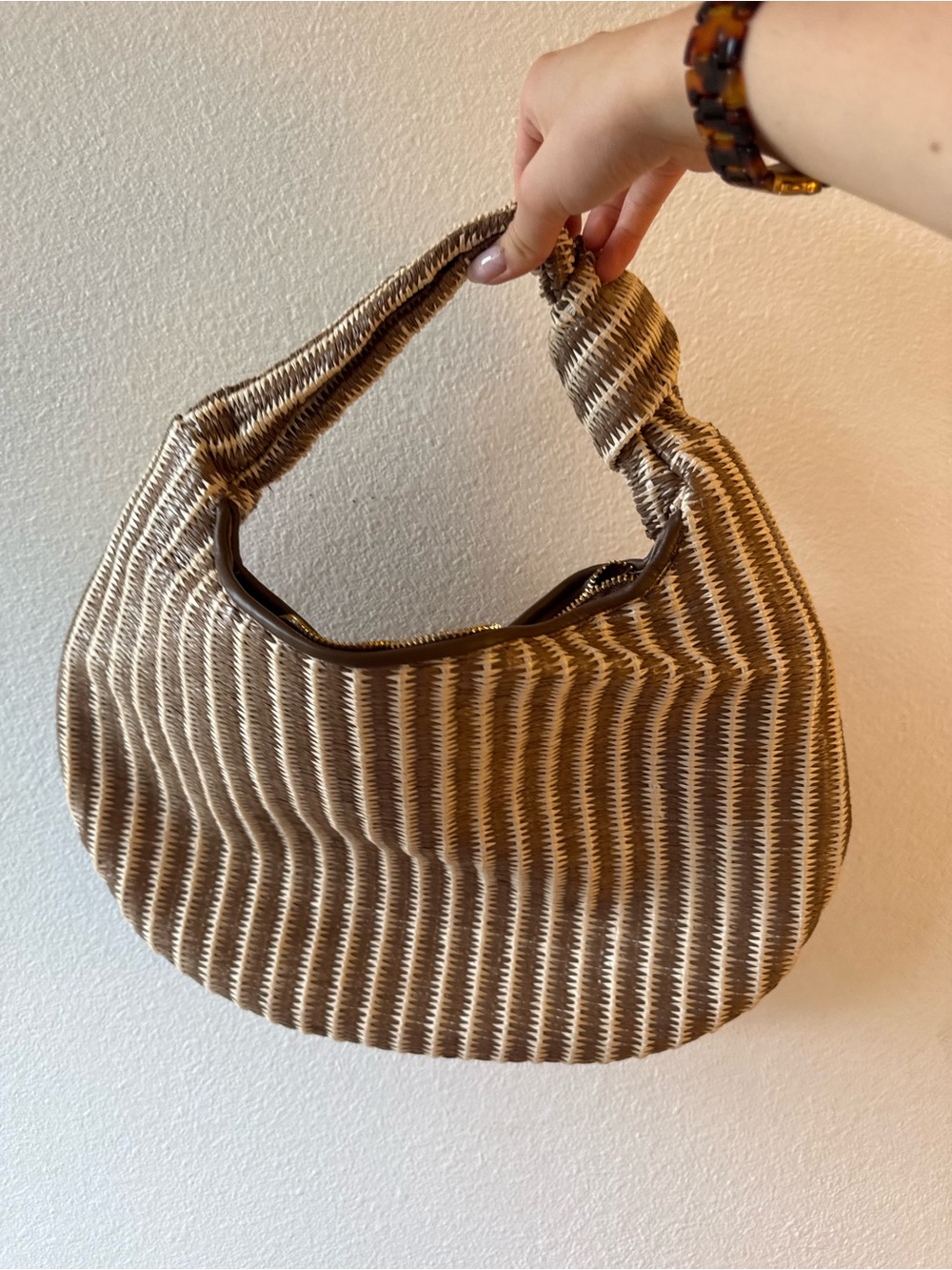 Melie Bianco Beige & Brown Woven Hobo Clutch